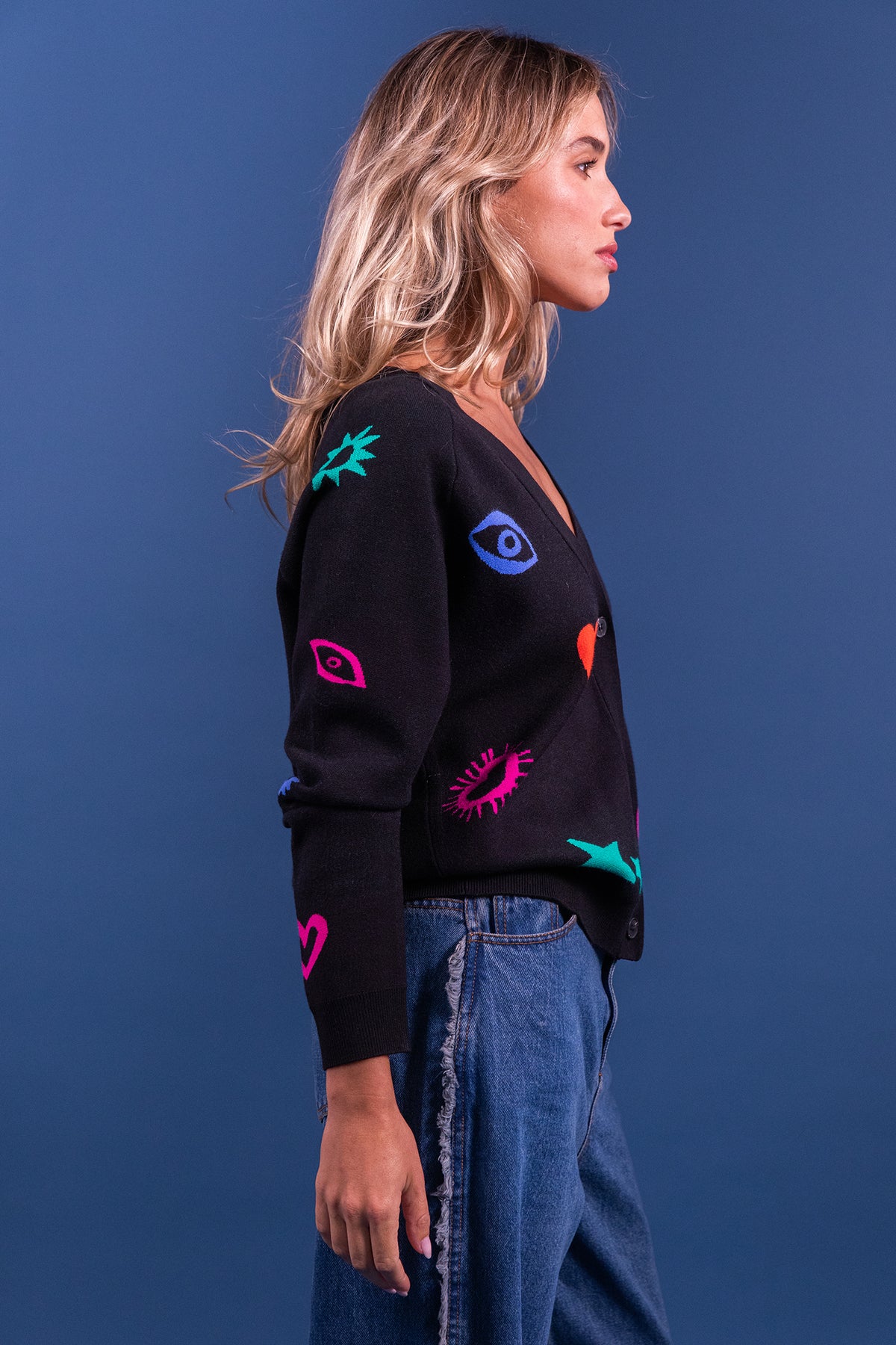 Laure + Max Mireio Black Charm V-Neck Cardigan 26AH093, side view