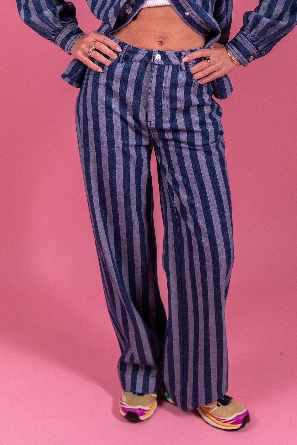 Laure + Max Pepita Blue & White Stripe Wide Leg Trousers 26AH115, front view