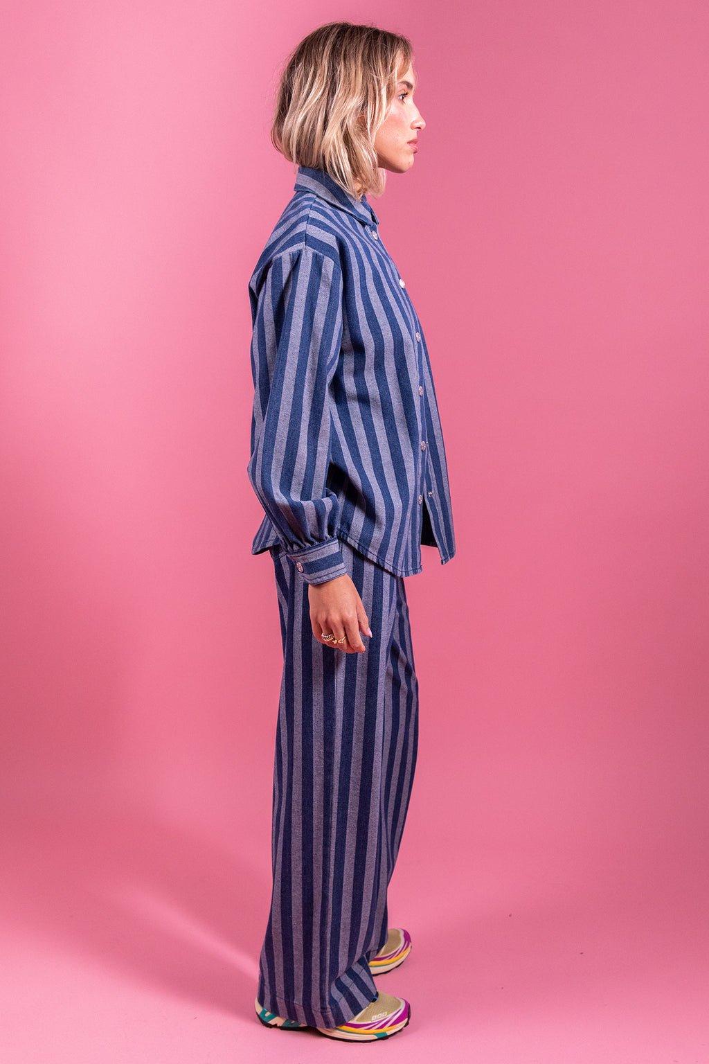 Laure + Max Pepita Blue & White Stripe Wide Leg Trousers 26AH115, side view styled with the matching shirt