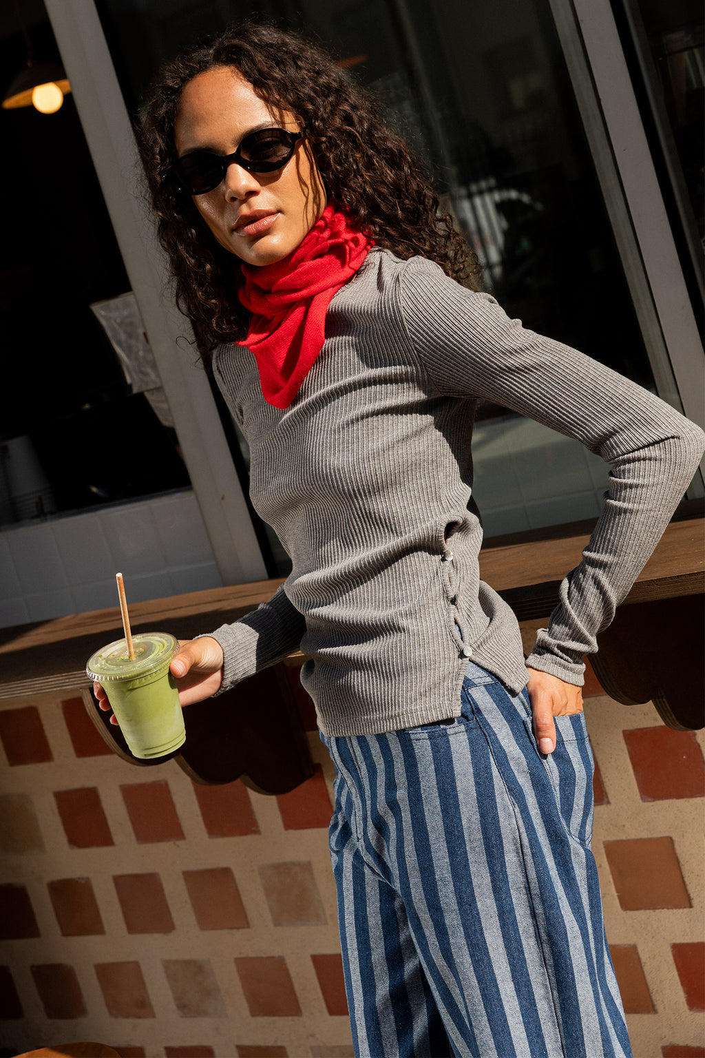 Laure + Max Pepita Blue & White Stripe Wide Leg Trousers 26AH115, side view