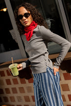 Laure + Max Pepita Blue & White Stripe Wide Leg Trousers 26AH115, side view