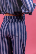 Laure + Max Pepita Blue & White Stripe Wide Leg Trousers 26AH115, back pocket detail