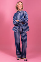 Laure + Max Pepita Blue & White Stripe Wide Leg Trousers 26AH115, front view styled with the matching shirt