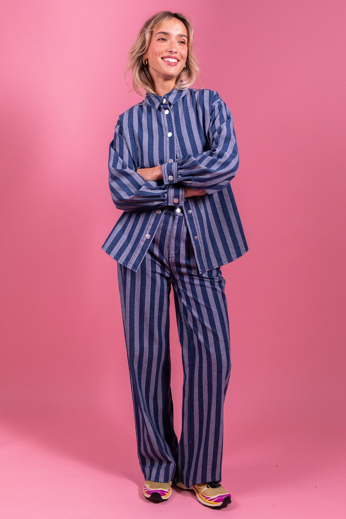 Laure + Max Pepita Blue & White Stripe Wide Leg Trousers 26AH115, front view styled with the matching shirt