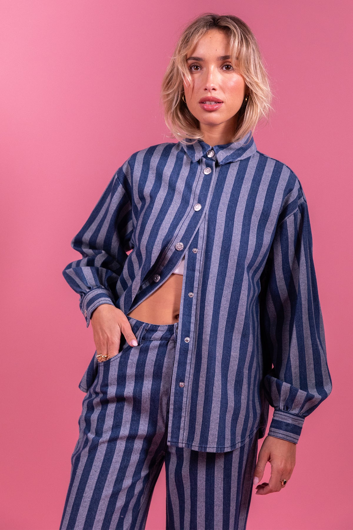 Laure + Max Pepita Blue & White Stripe Wide Leg Trousers 26AH115, waist detail styled with the matching shirt