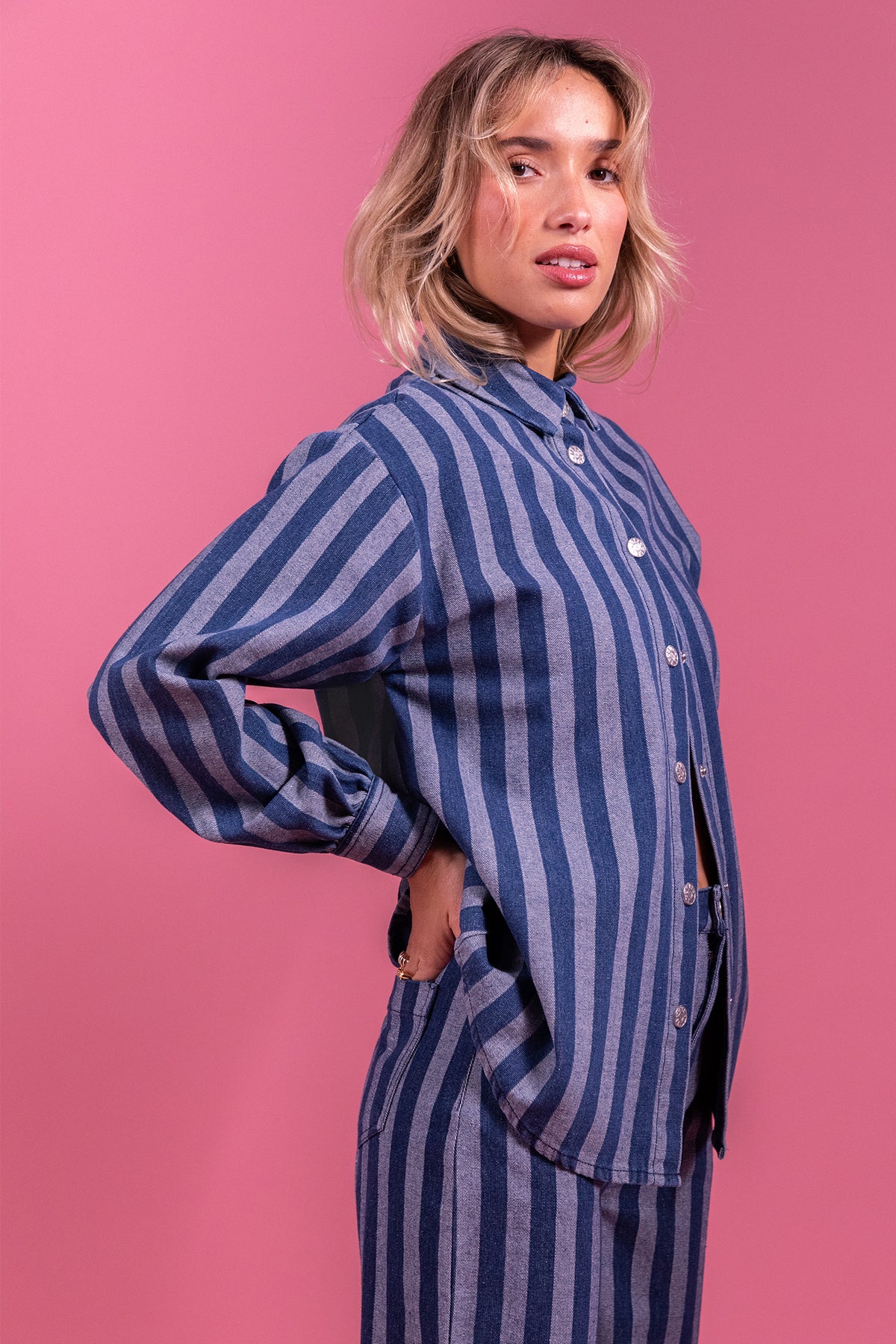 Laure + Max Pepita Blue & White Stripe Wide Leg Trousers 26AH115, three-quarter view styled with the matching shirt
