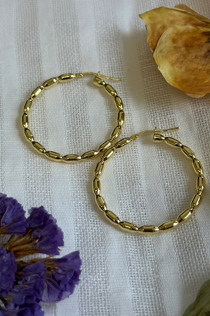 LBJ Jewellery Gold Plated Bobble Design Hoops E3061/3GP, styled on linen