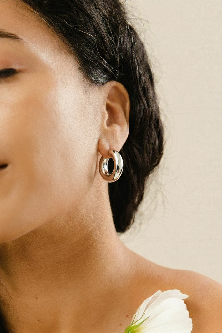 LBJ Jewellery Modern Round Silver Hoops E1867/1, worn