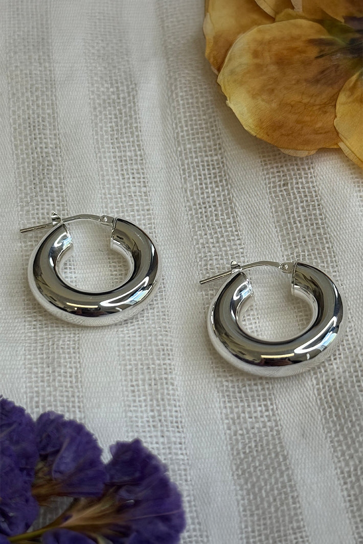 LBJ Jewellery Modern Round Silver Hoops E1867/1, styled on linen