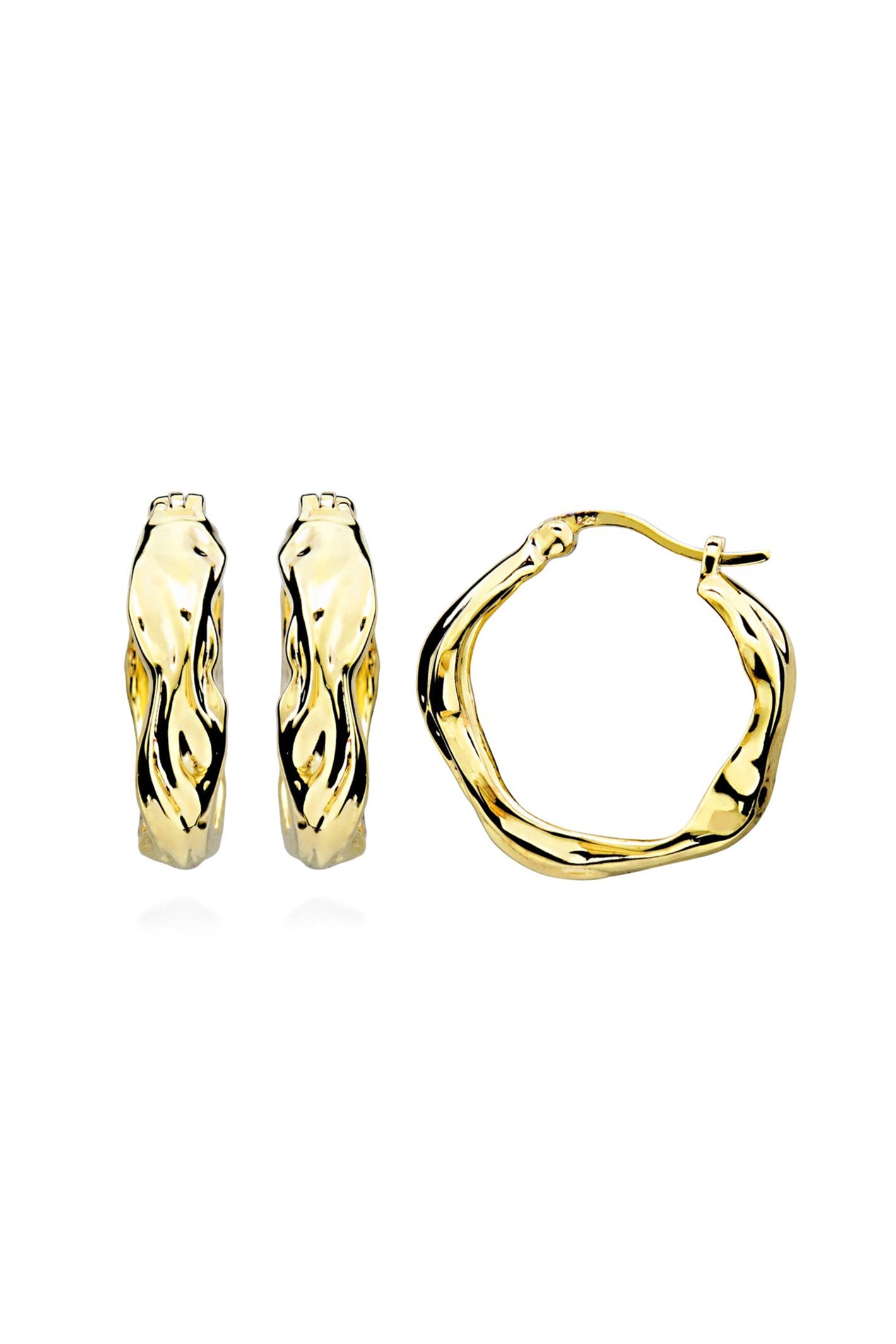 LBJ Jewellery Organic gold plated hoops E15838GP, front and side view