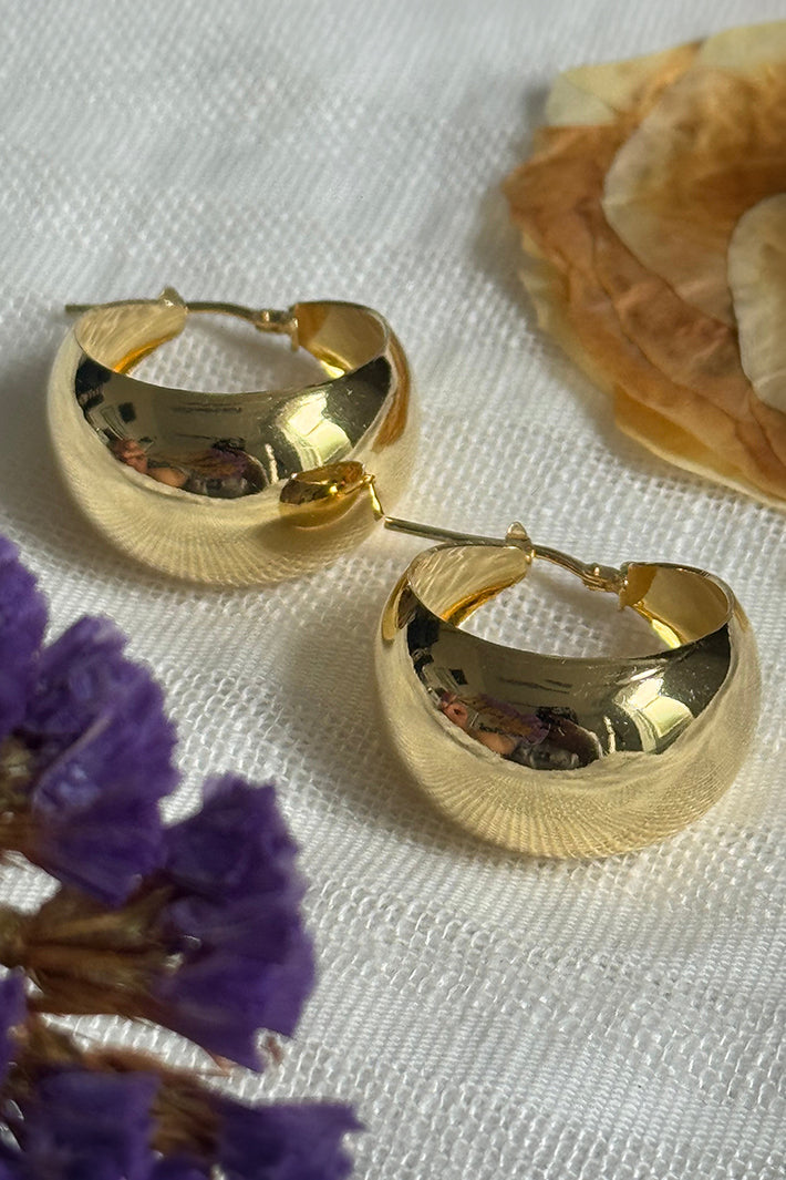 LBJ Jewellery Statement Domed Gold Plated Hoops E3708/1GP, styled on linen