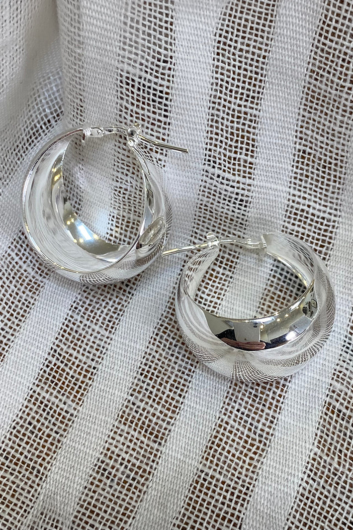 LBJ Jewellery Statement Domed Medium Silver Hoops E3708/1, styled on linen