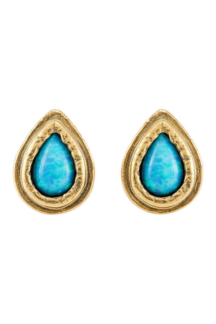 LBJ Jewellery Teardrop Gold Plated Opalite Blue Studs E1041PG, packshot