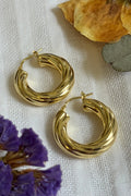 LBJ Jewellery Thick Medium Twist Hoops Gold Plated E134GP, styled with dried flowers