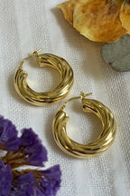 LBJ Jewellery Thick Medium Twist Hoops Gold Plated E134GP, styled with dried flowers