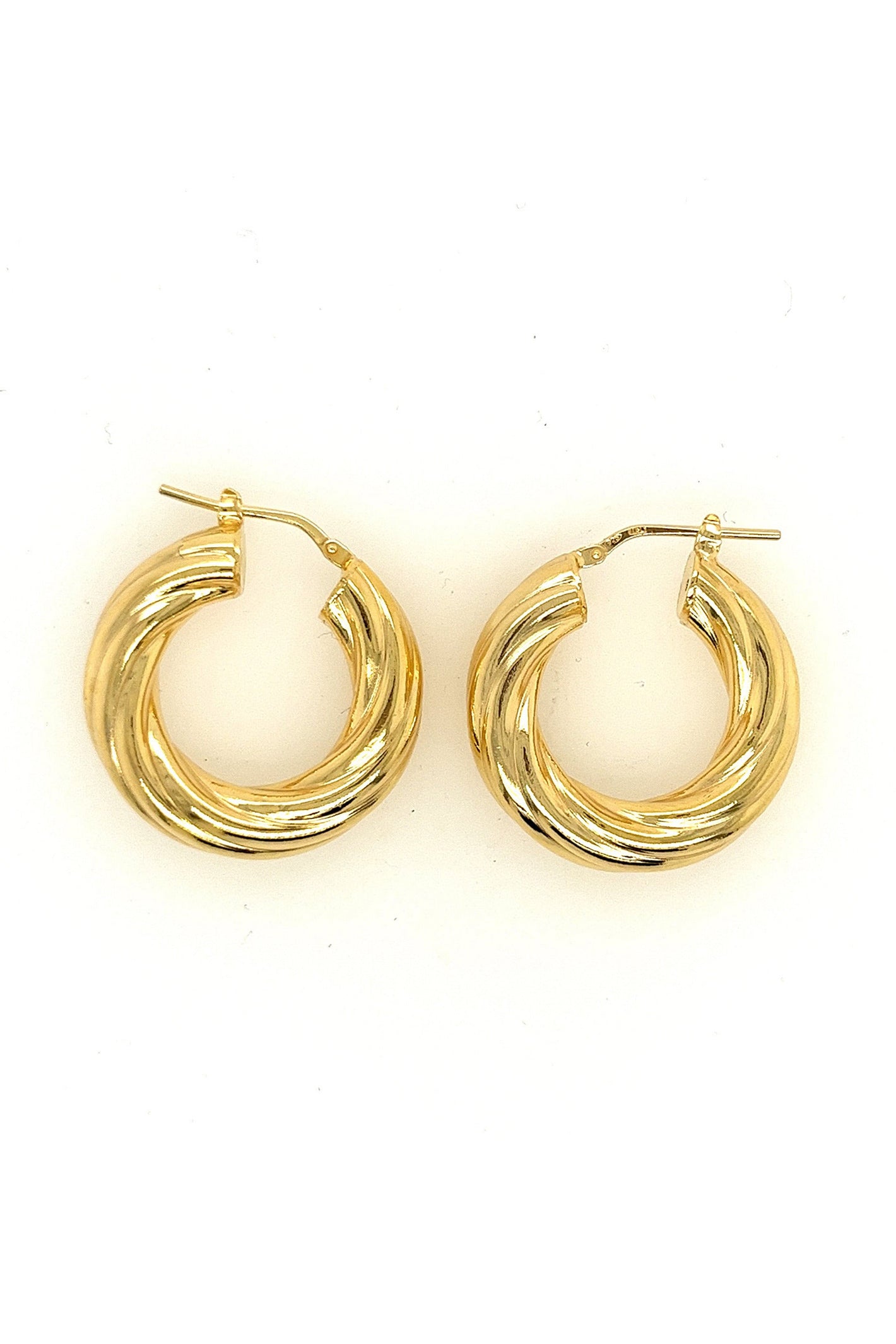 LBJ Jewellery Thick Medium Twist Hoops Gold Plated E134GP, front pair