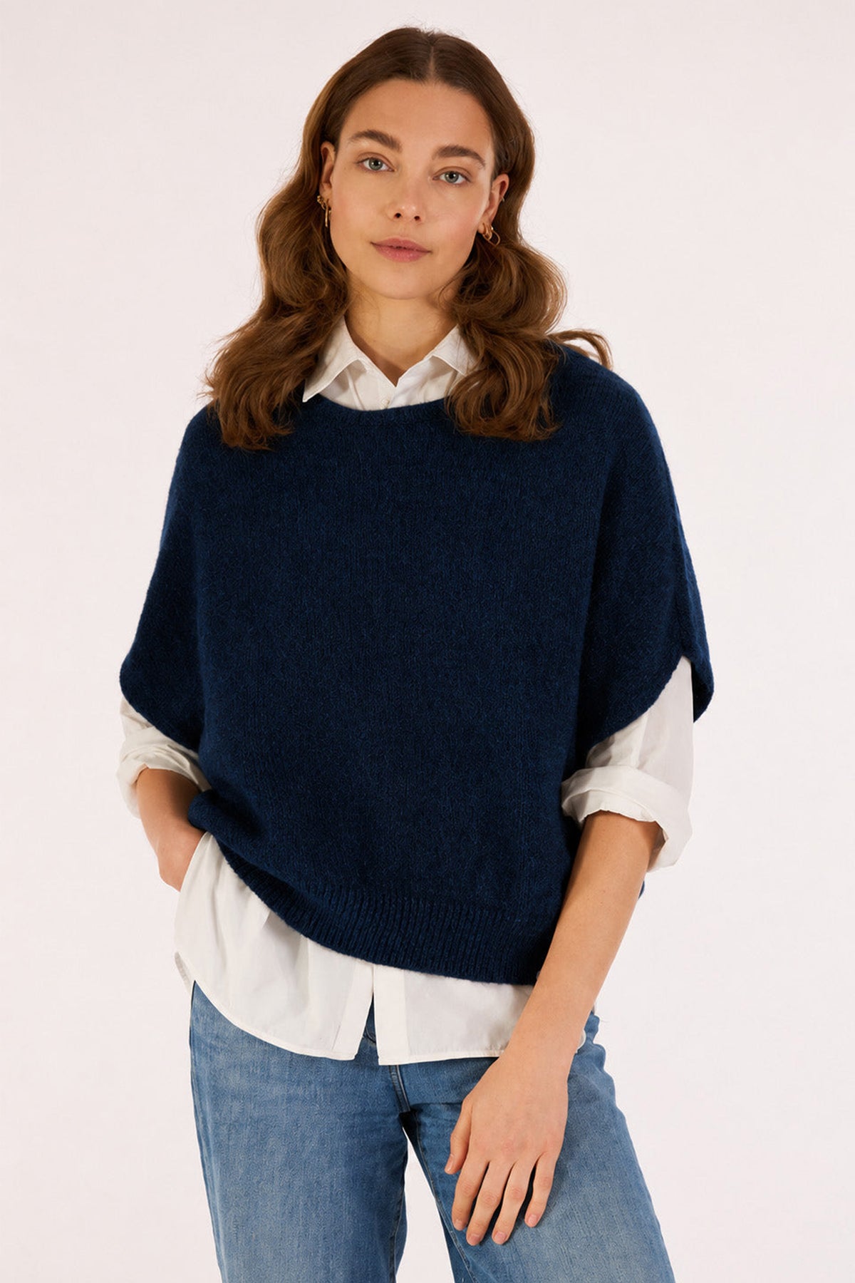 Les Racines du Ciel Aube Blue Chine Sleeveless Jumper H26721, front view worn over a white shirt
