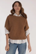 Les Racines du Ciel Aube Camel Natural Brown Sleeveless Jumper H26721, front view worn over a white shirt
