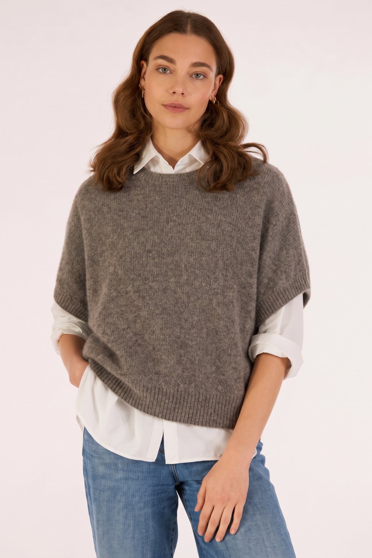 Les Racines du Ciel Aube Dark Grey Natural Sleeveless Jumper H26721, front view worn over a white shirt