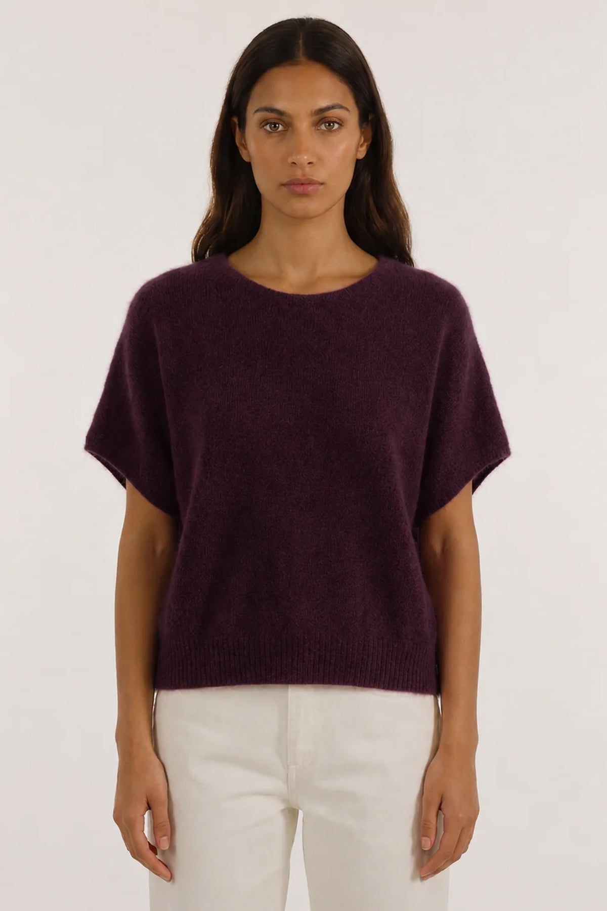 Les Racines du Ciel Aube Wine Purple Sleeveless Jumper H26721, front view on model