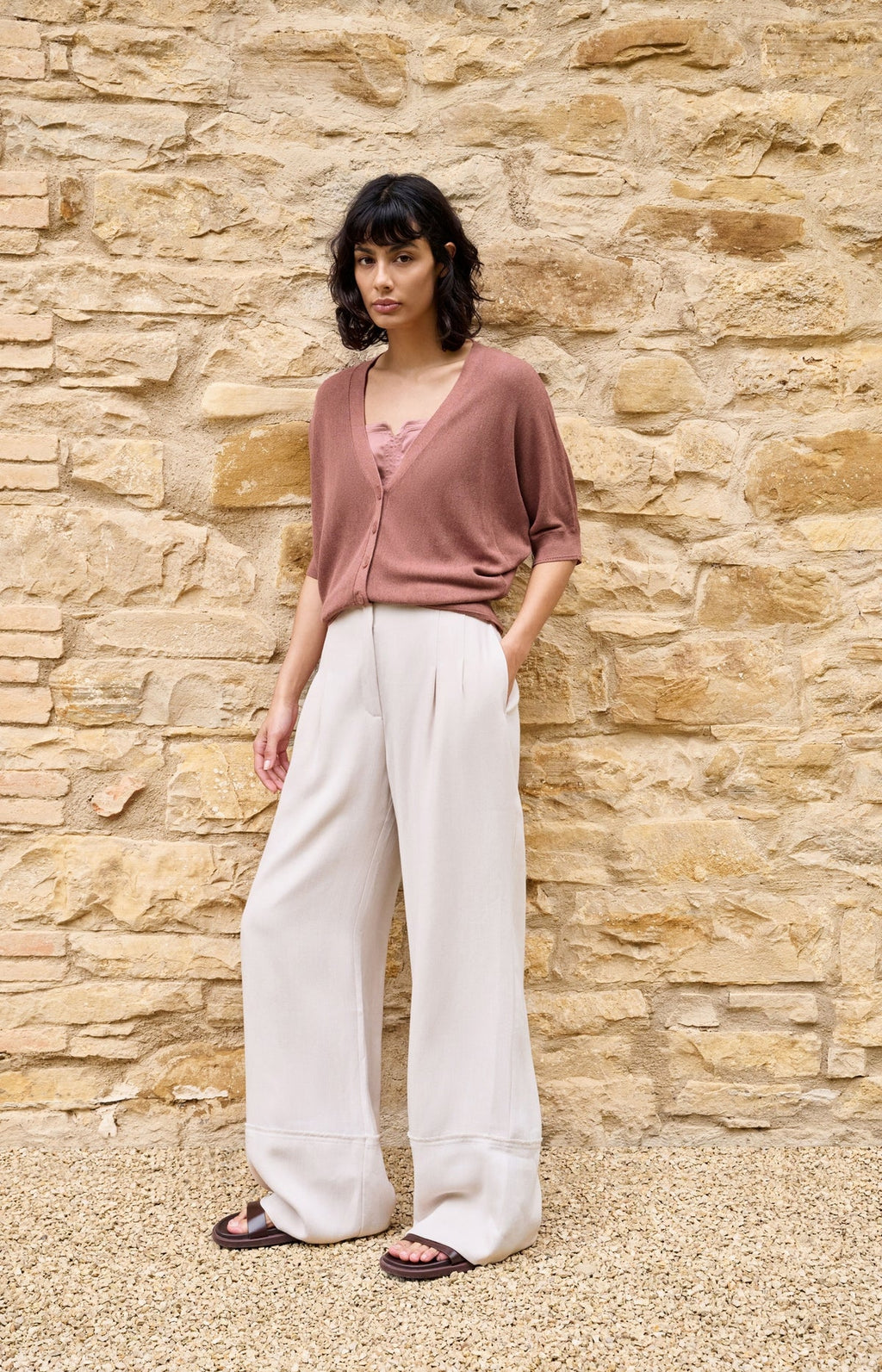 Yaya 01-301257-605 Linen Blend Trousers with Wide Leg and Fringed Detail
