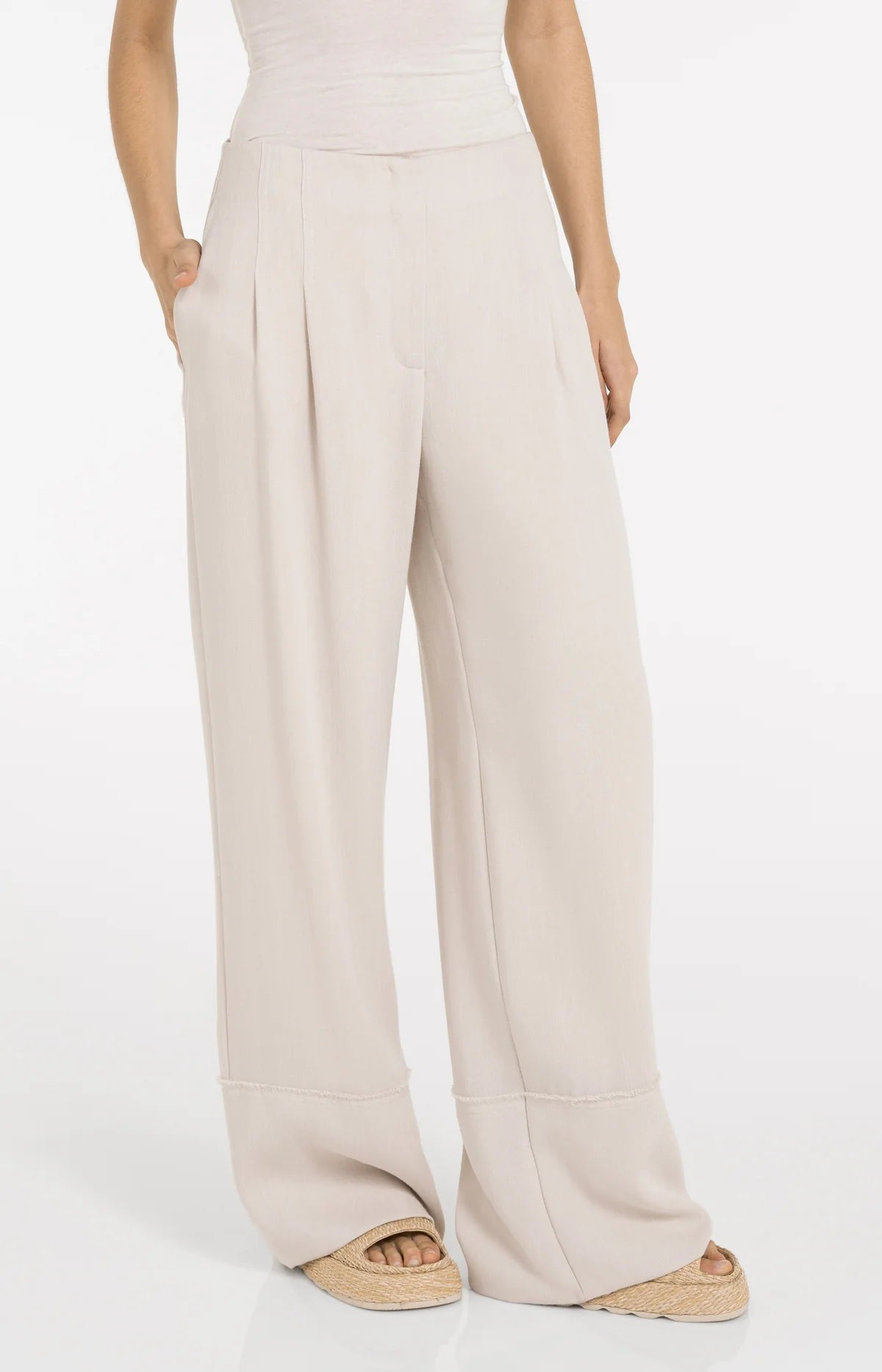 Yaya 01-301257-605 Linen Blend Trousers with Wide Leg and Fringed Detail