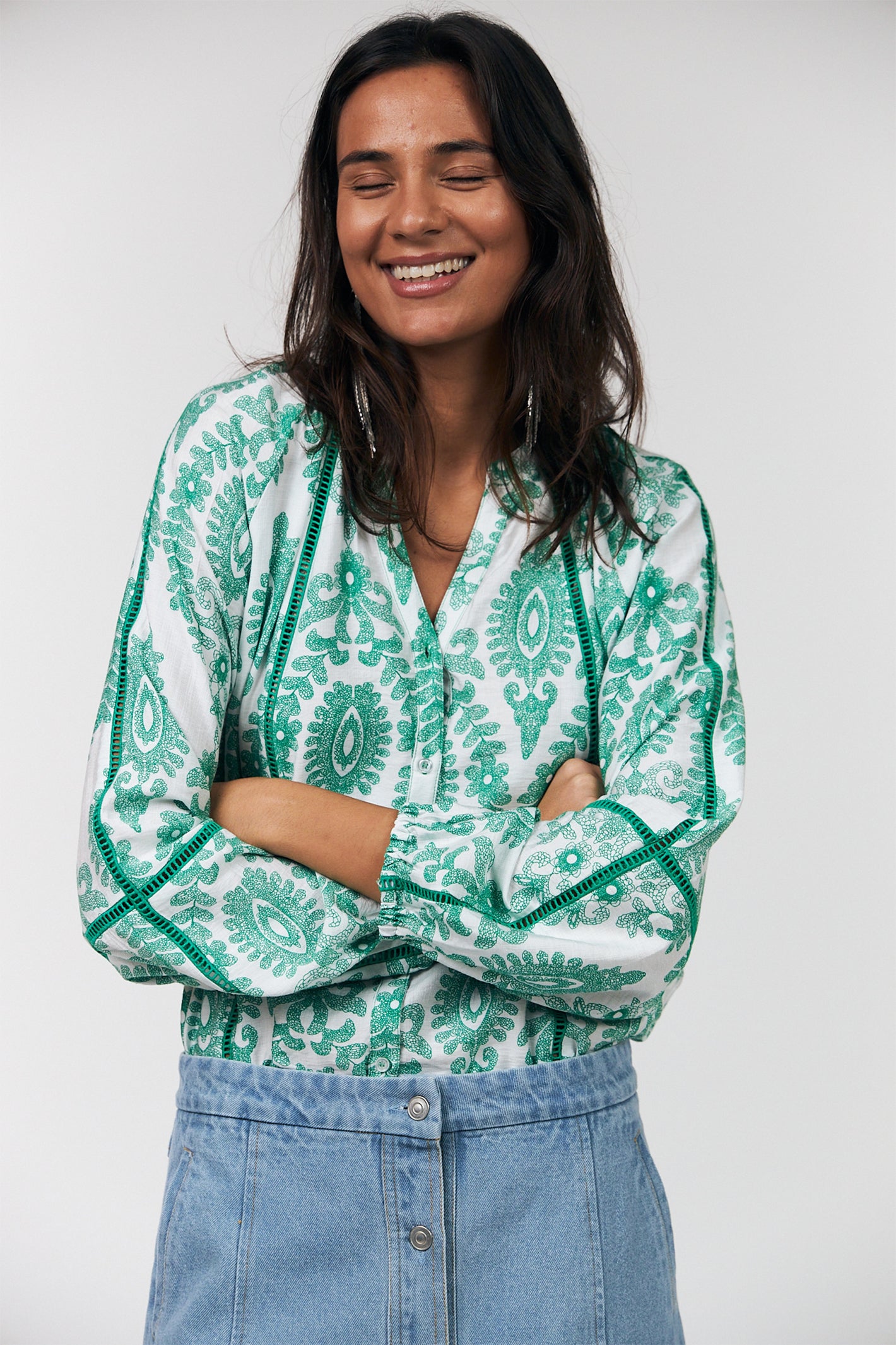 Lolly's Laundry VeroLL Light Green Print Long Sleeve Shirt 26173-1088 41