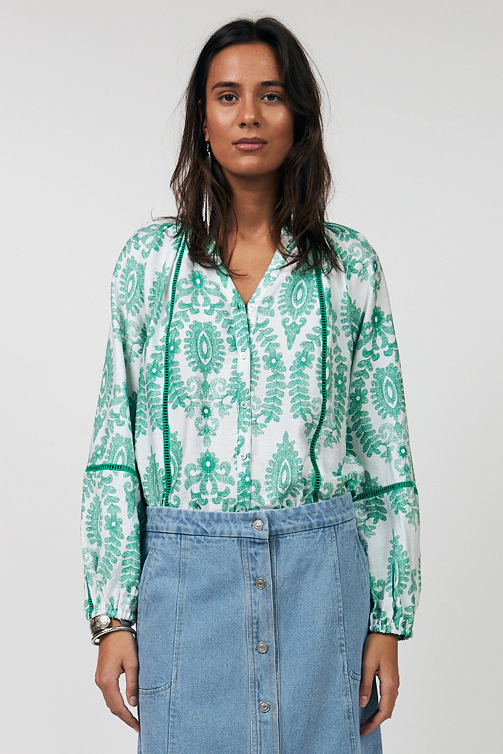 Lolly's Laundry VeroLL Light Green Print Long Sleeve Shirt 26173-1088 41