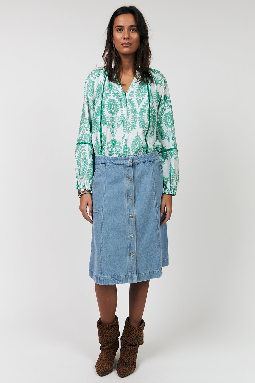 Lolly's Laundry VeroLL Light Green Print Long Sleeve Shirt 26173-1088 41