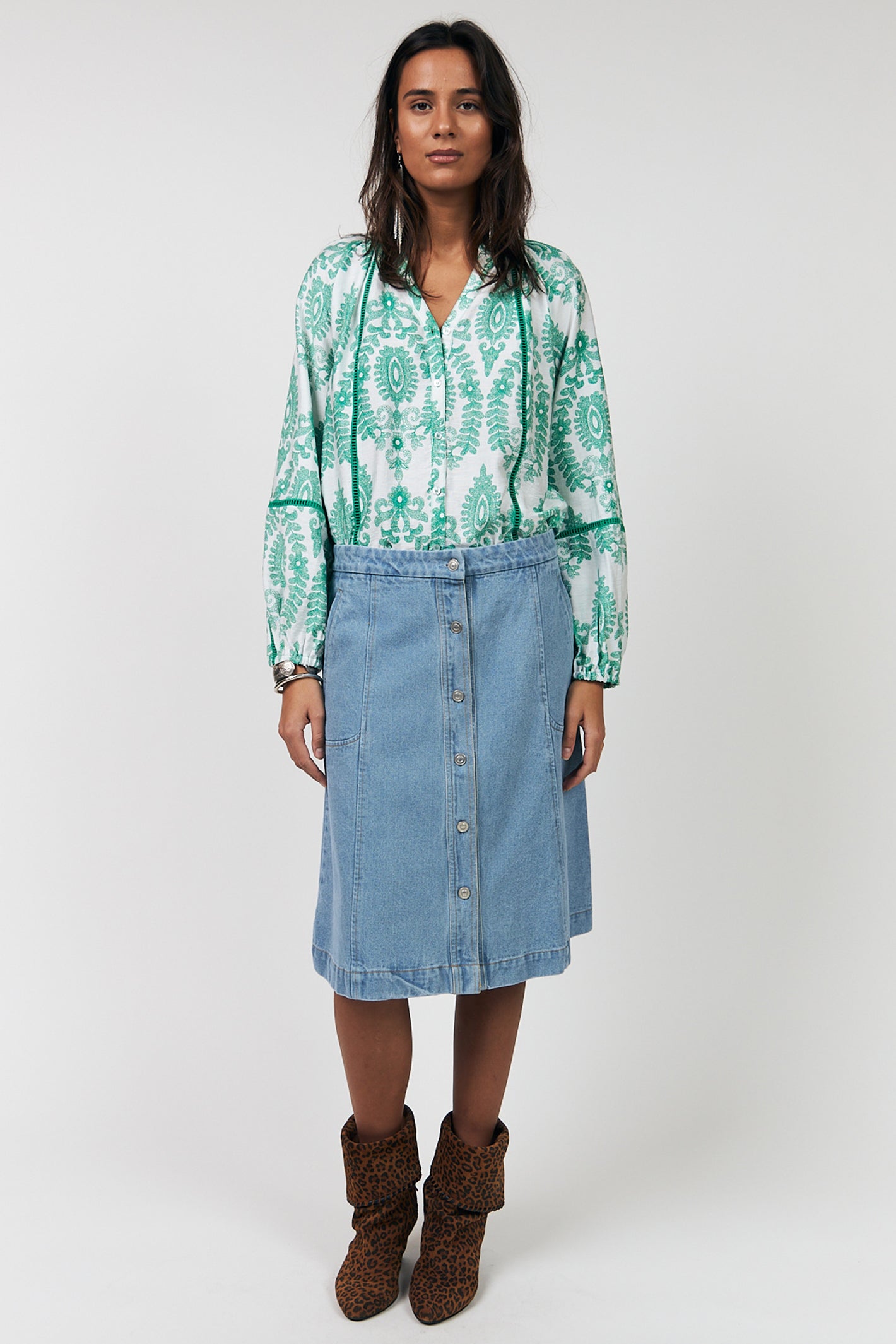 Lolly's Laundry VeroLL Light Green Print Long Sleeve Shirt 26173-1088 41