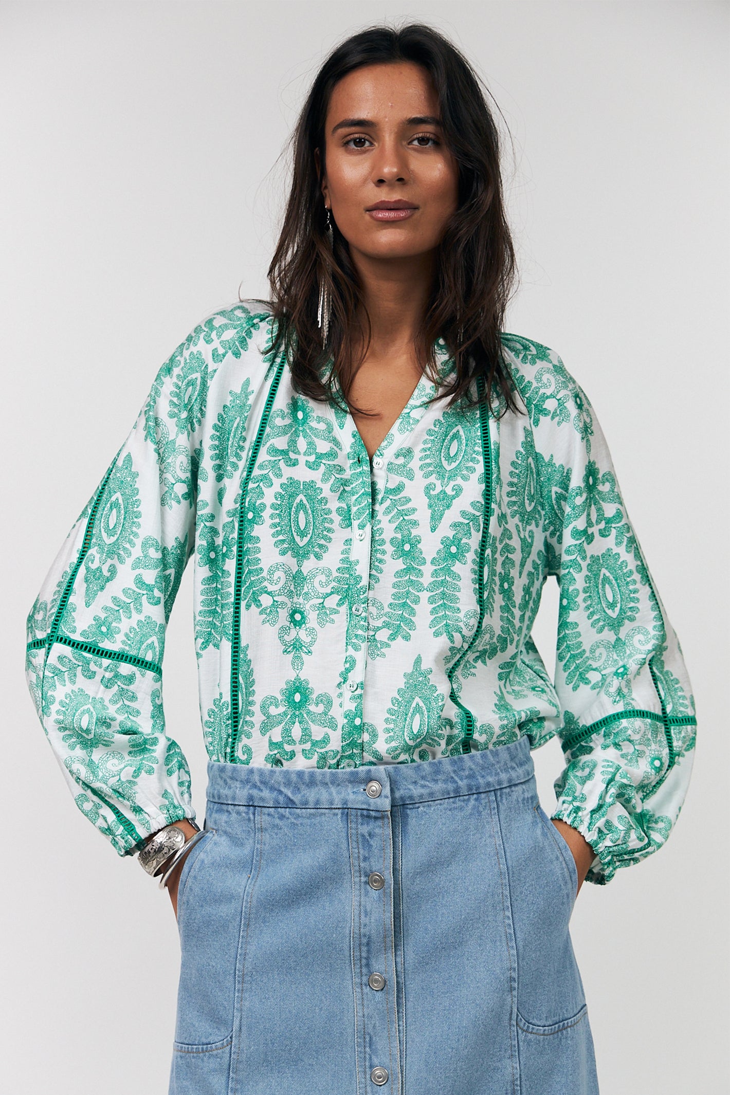 Lolly's Laundry VeroLL Light Green Print Long Sleeve Shirt 26173-1088 41