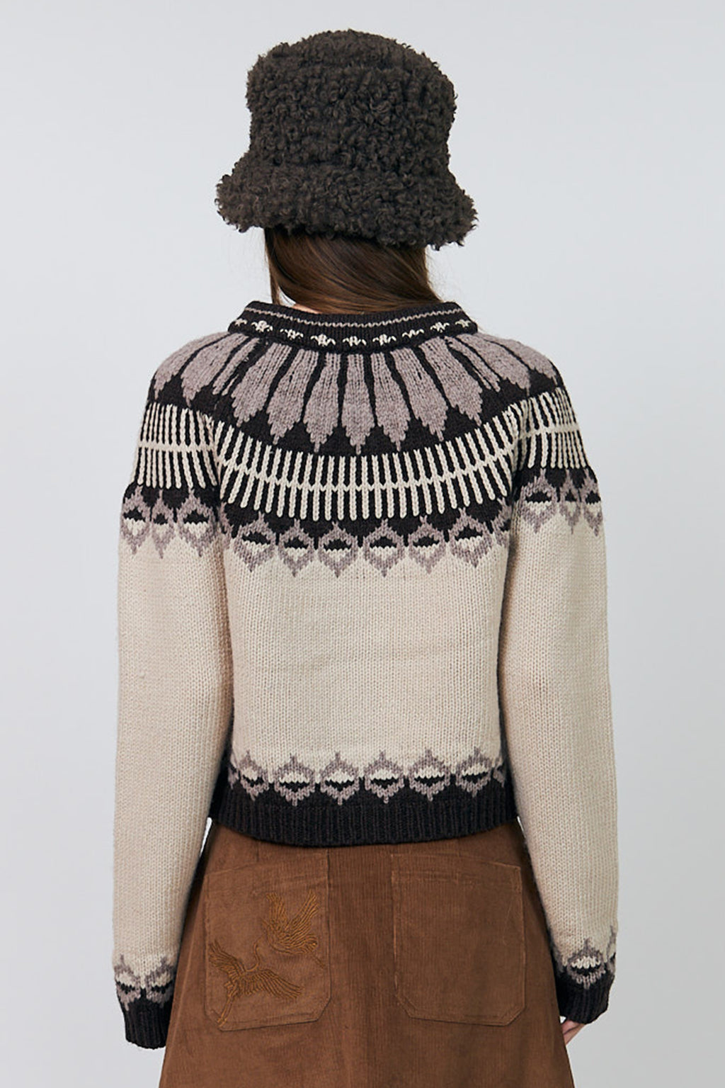 Lollys Laundry ClareLL Creme Beige Nordic Knit Cardigan 26407-5016, back cropped view of the patterned yoke