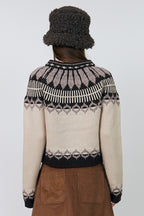 Lollys Laundry ClareLL Creme Beige Nordic Knit Cardigan 26407-5016, back cropped view of the patterned yoke