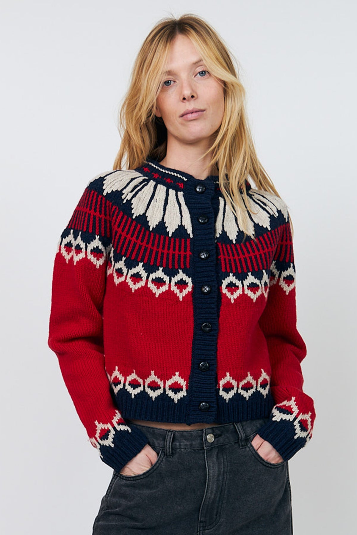 Lollys Laundry ClareLL Red Nordic Knit Cardigan 26407-5016, front cropped view