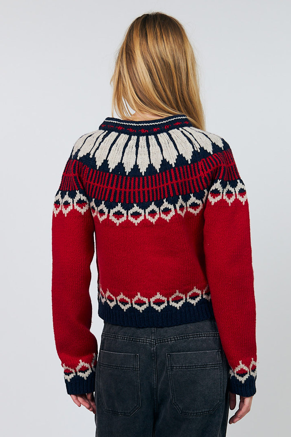 Lollys Laundry ClareLL Red Nordic Knit Cardigan 26407-5016, back cropped view of the patterned yoke