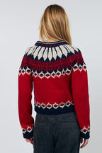Lollys Laundry ClareLL Red Nordic Knit Cardigan 26407-5016, back cropped view of the patterned yoke