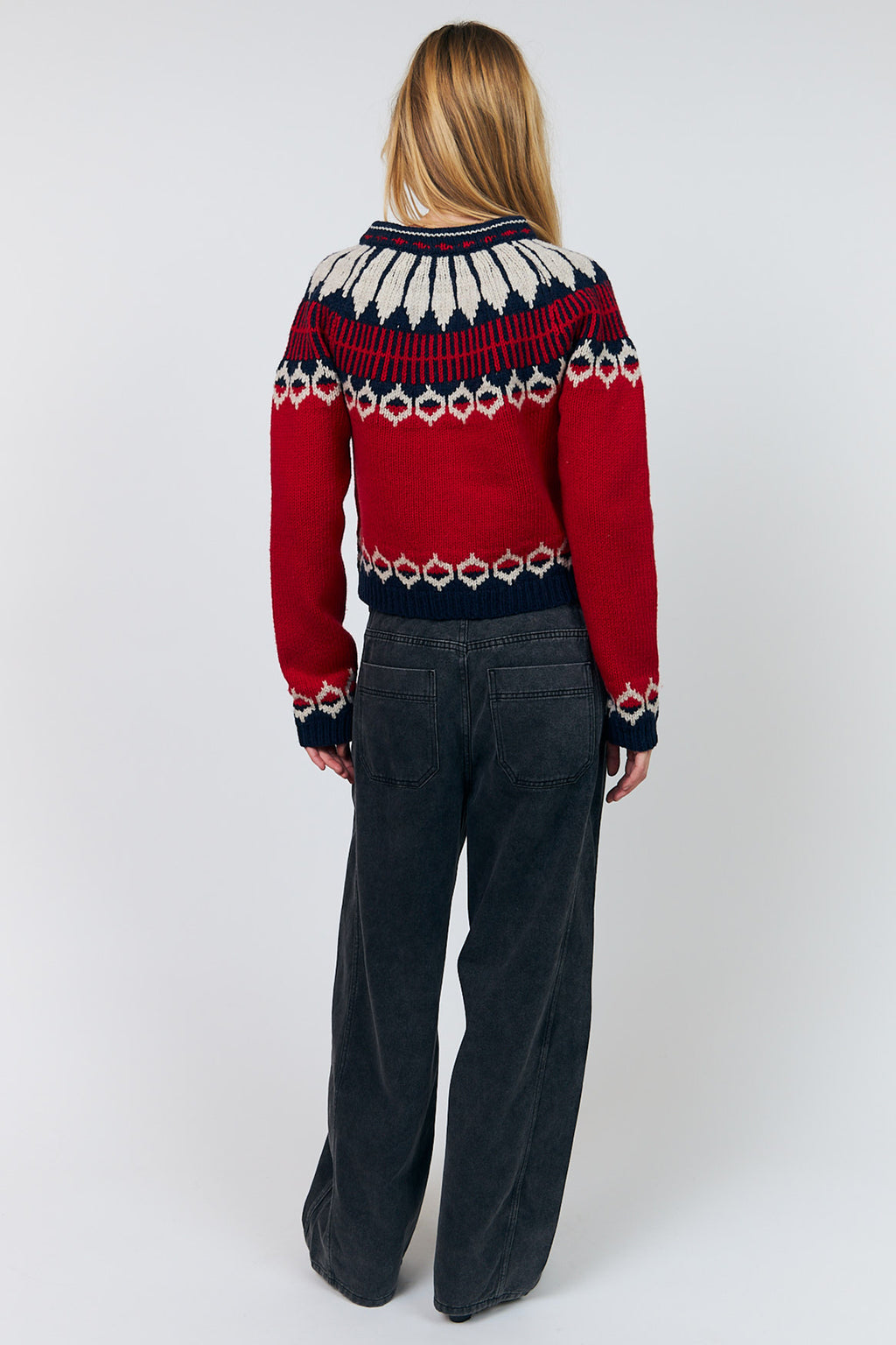 Lollys Laundry ClareLL Red Nordic Knit Cardigan 26407-5016, back full length on model