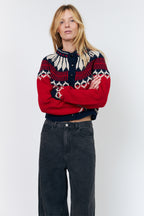 Lollys Laundry ClareLL Red Nordic Knit Cardigan 26407-5016, front view worn with black denim