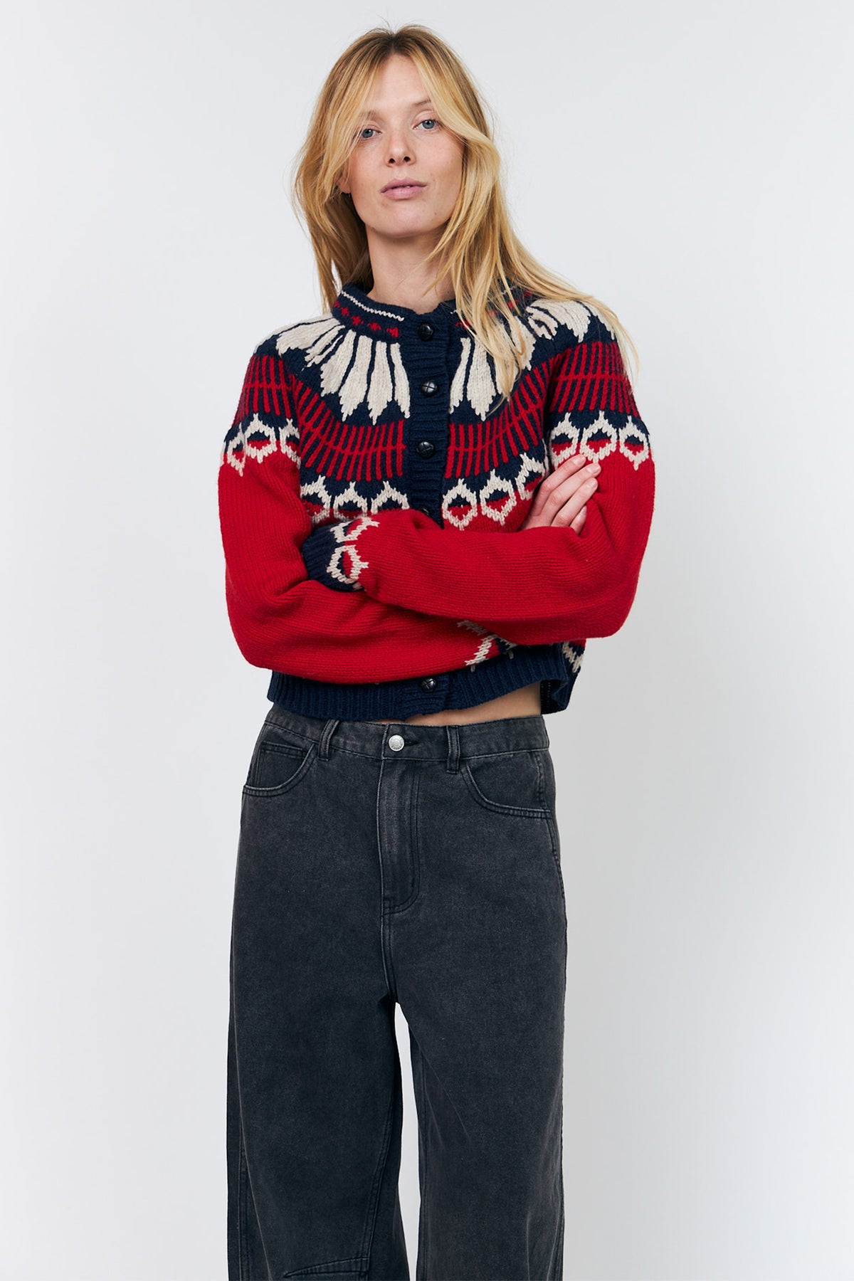 Lollys Laundry ClareLL Red Nordic Knit Cardigan 26407-5016, front view worn with black denim