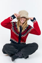 Lollys Laundry ClareLL Red Nordic Knit Cardigan 26407-5016, seated styled view