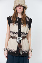 Lollys Laundry CleoLL Creme Beige Nordic Knit Waistcoat 26407-5019, front cropped view belted at the waist