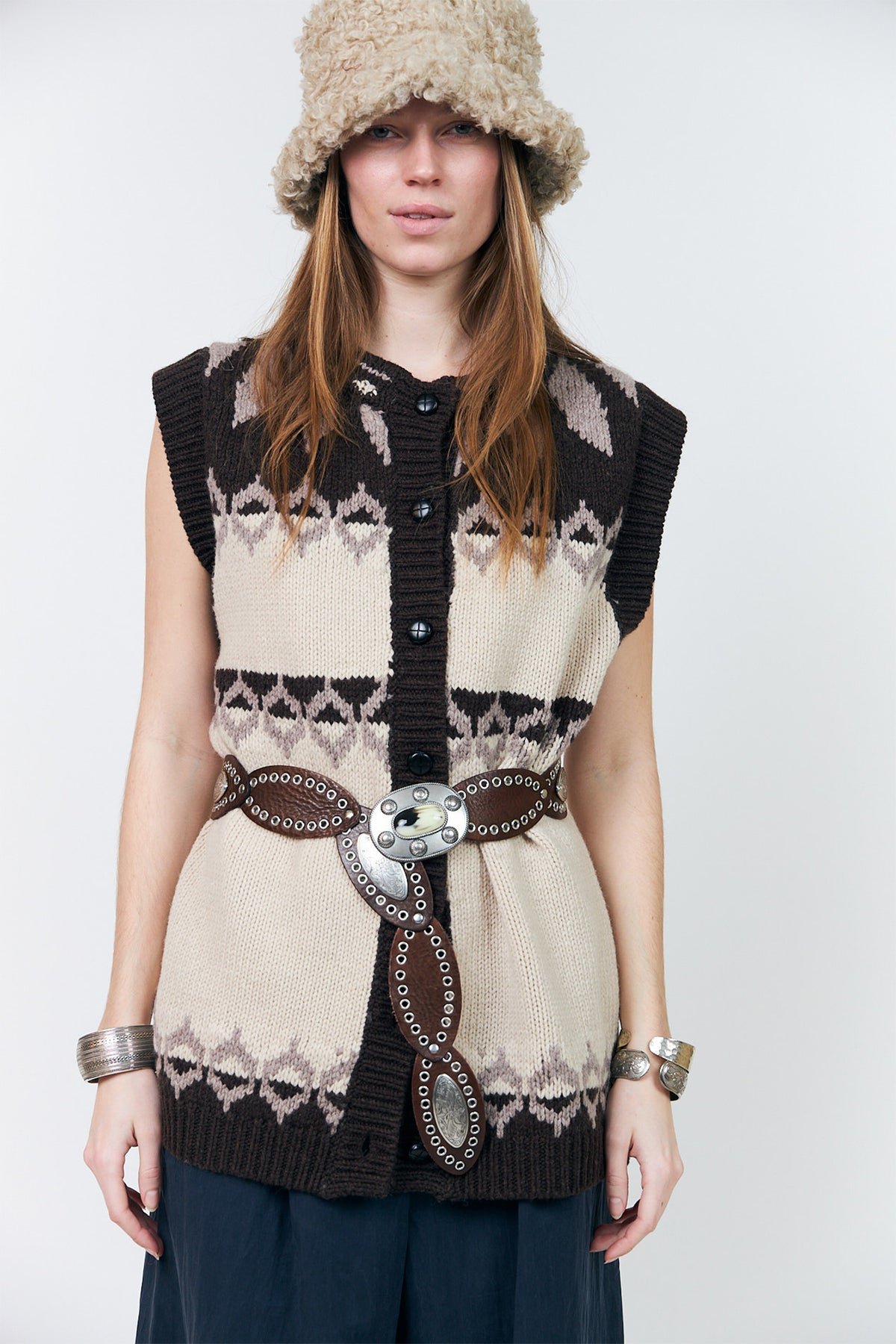Lollys Laundry CleoLL Creme Beige Nordic Knit Waistcoat 26407-5019, front cropped view belted at the waist