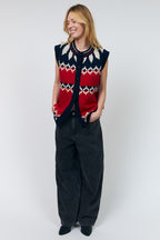 Lollys Laundry CleoLL Red Nordic Knit Waistcoat 26407-5019, front styled view worn open