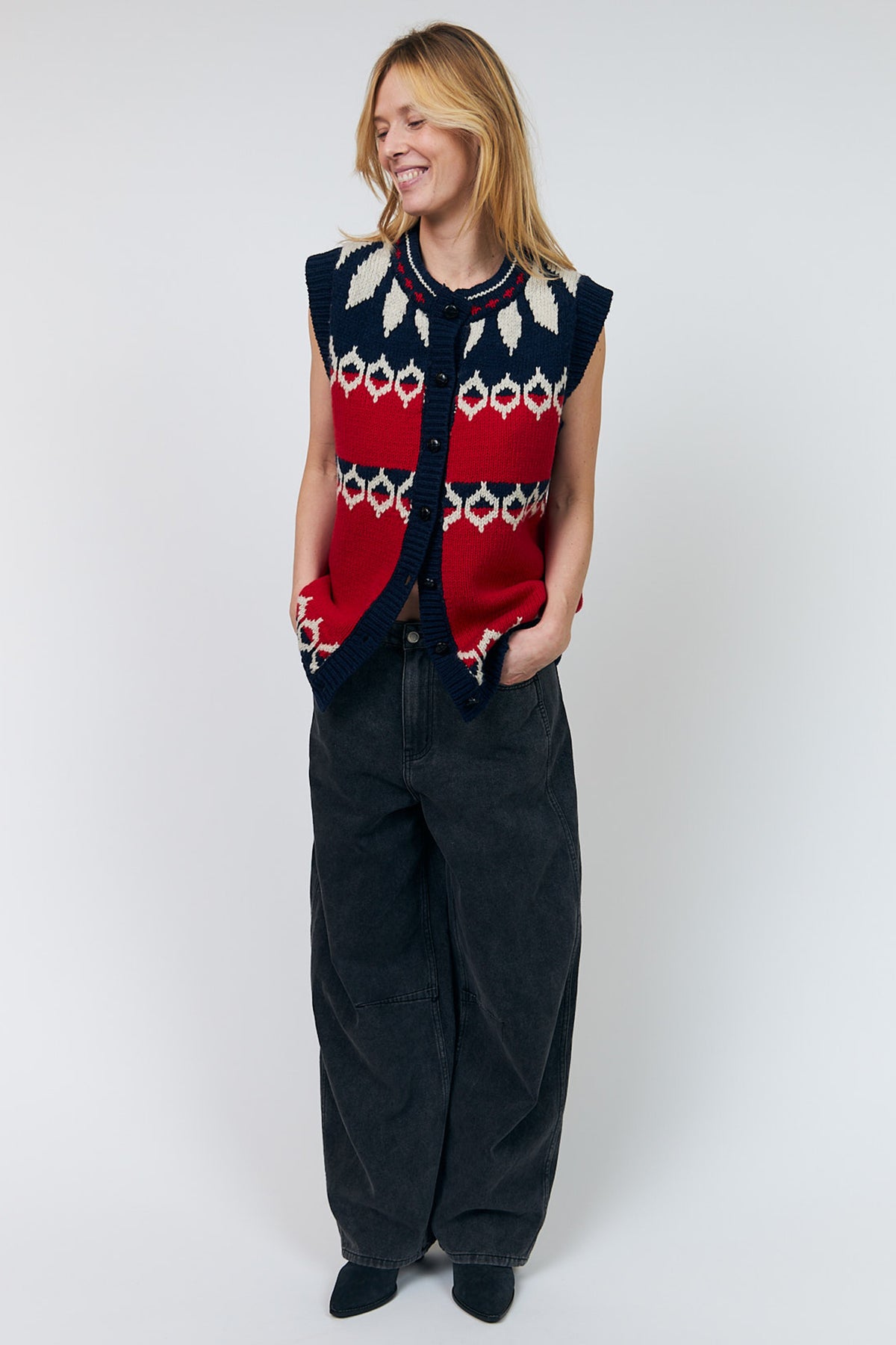 Lollys Laundry CleoLL Red Nordic Knit Waistcoat 26407-5019, front styled view worn open