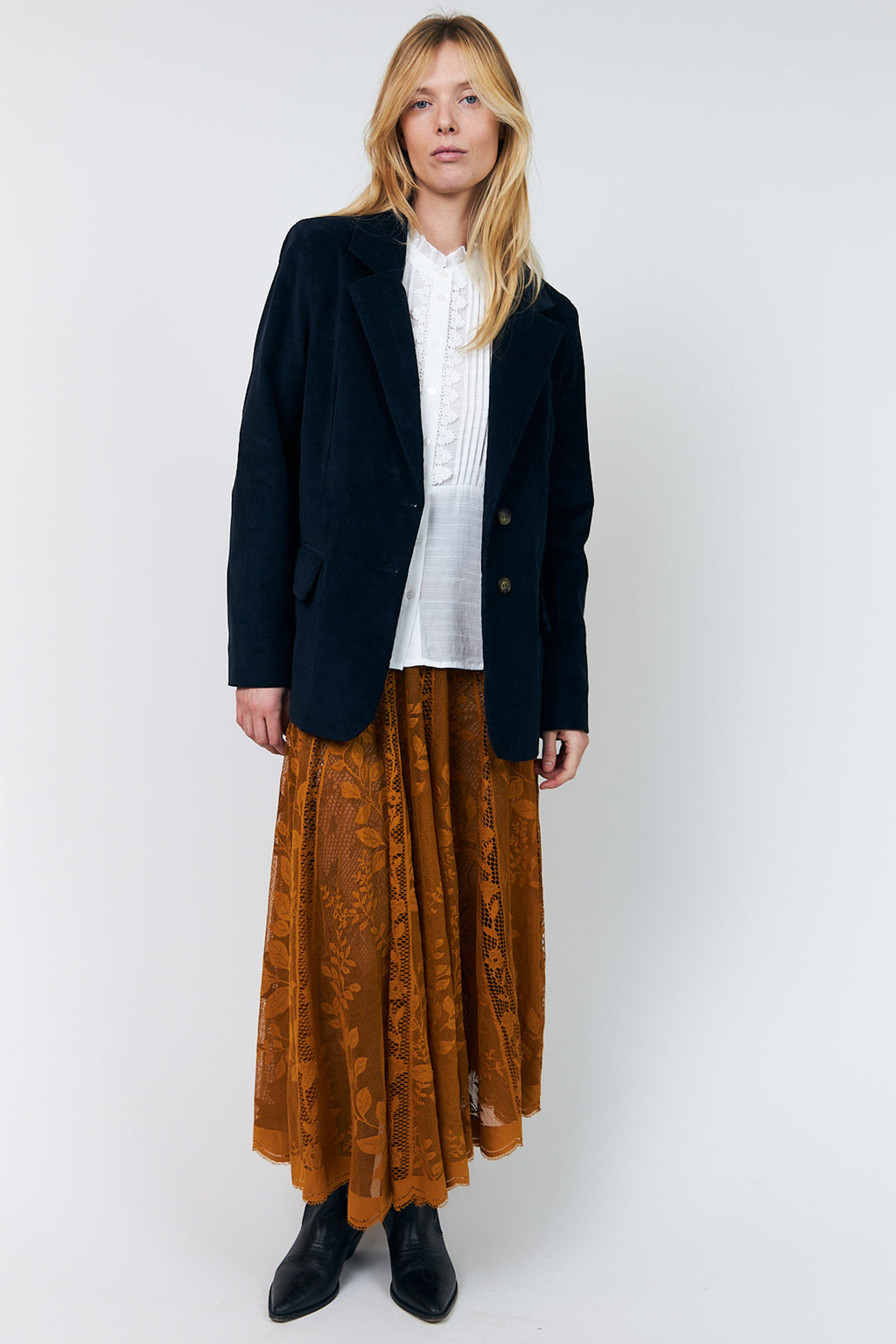 Lollys Laundry CollinsLL Rust Orange Burnout Floral Midi Skirt 26493-2035, styled with a navy blazer