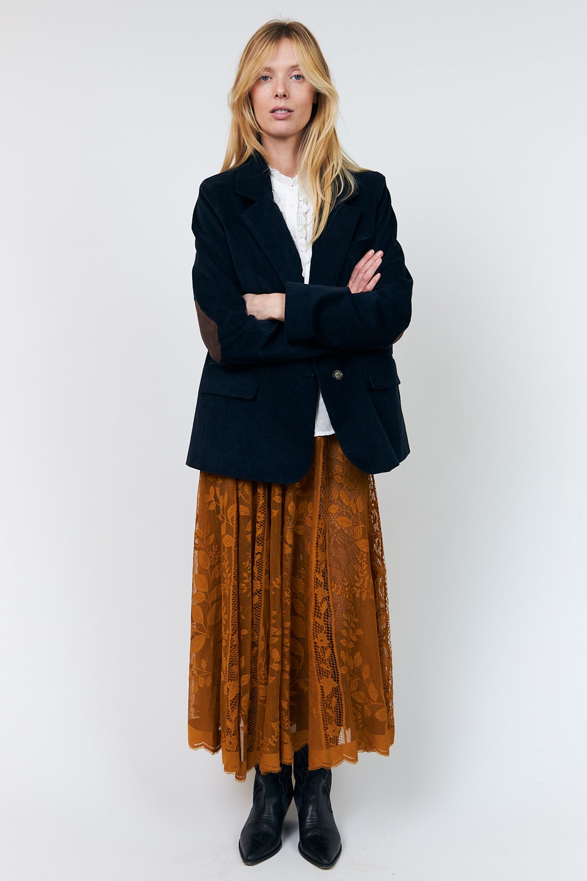 Lollys Laundry CollinsLL Rust Orange Burnout Floral Midi Skirt 26493-2035, front view with the skirt worn open
