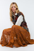 Lollys Laundry CollinsLL Rust Orange Burnout Floral Midi Skirt 26493-2035, seated styled view showing the fullness