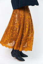 Lollys Laundry CollinsLL Rust Orange Burnout Floral Midi Skirt 26493-2035, hem detail with boots