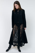 Lollys Laundry JeromeLL Black Military Braid Blazer 26425-6021, front view styled over a lace skirt