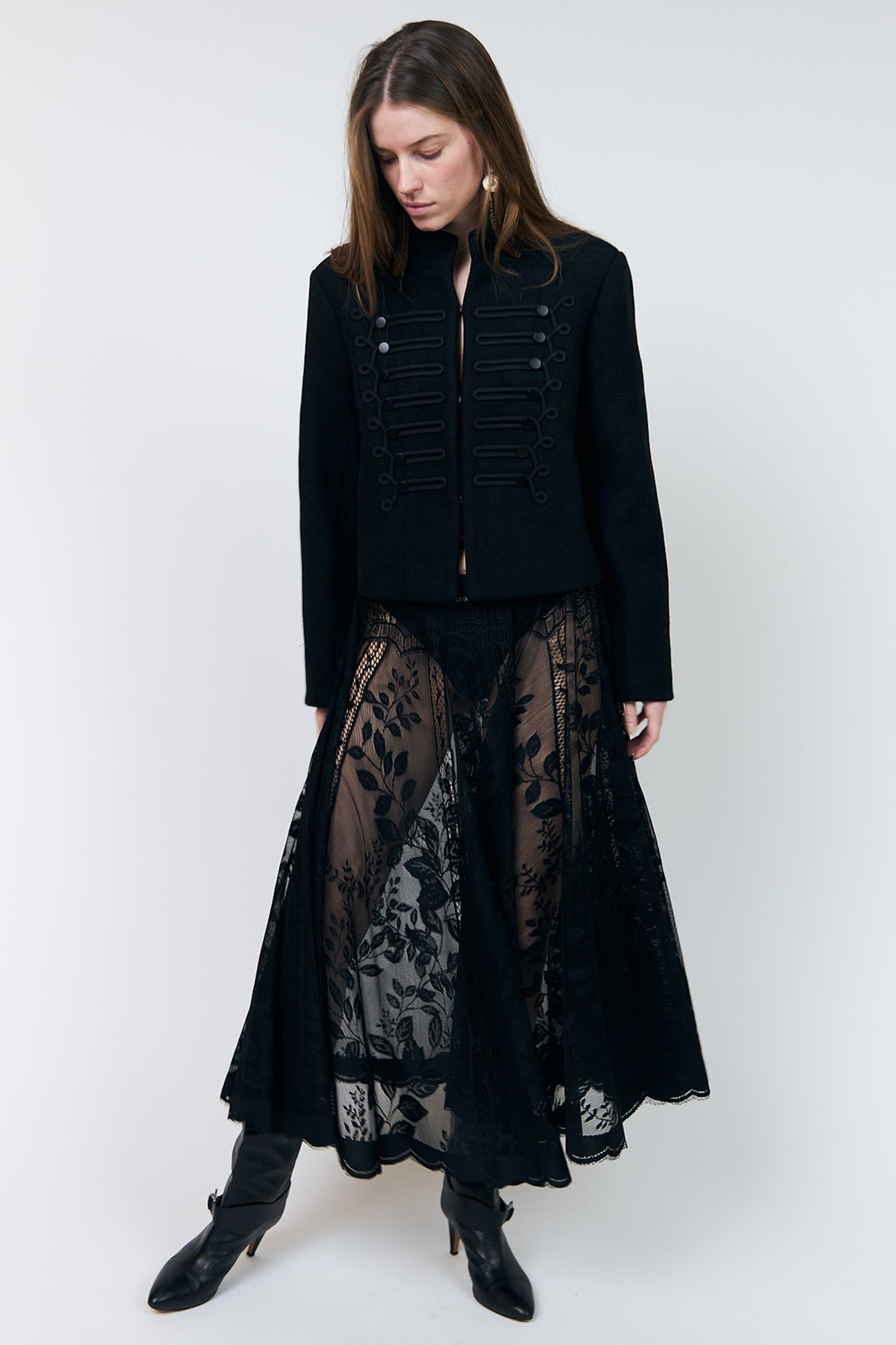 Lollys Laundry JeromeLL Black Military Braid Blazer 26425-6021, front view styled over a lace skirt